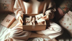 Jeune personne anonyme ouvrant une box beaute ado sur les genoux, moment intime et pastel, idee cadeau anniversaire ado