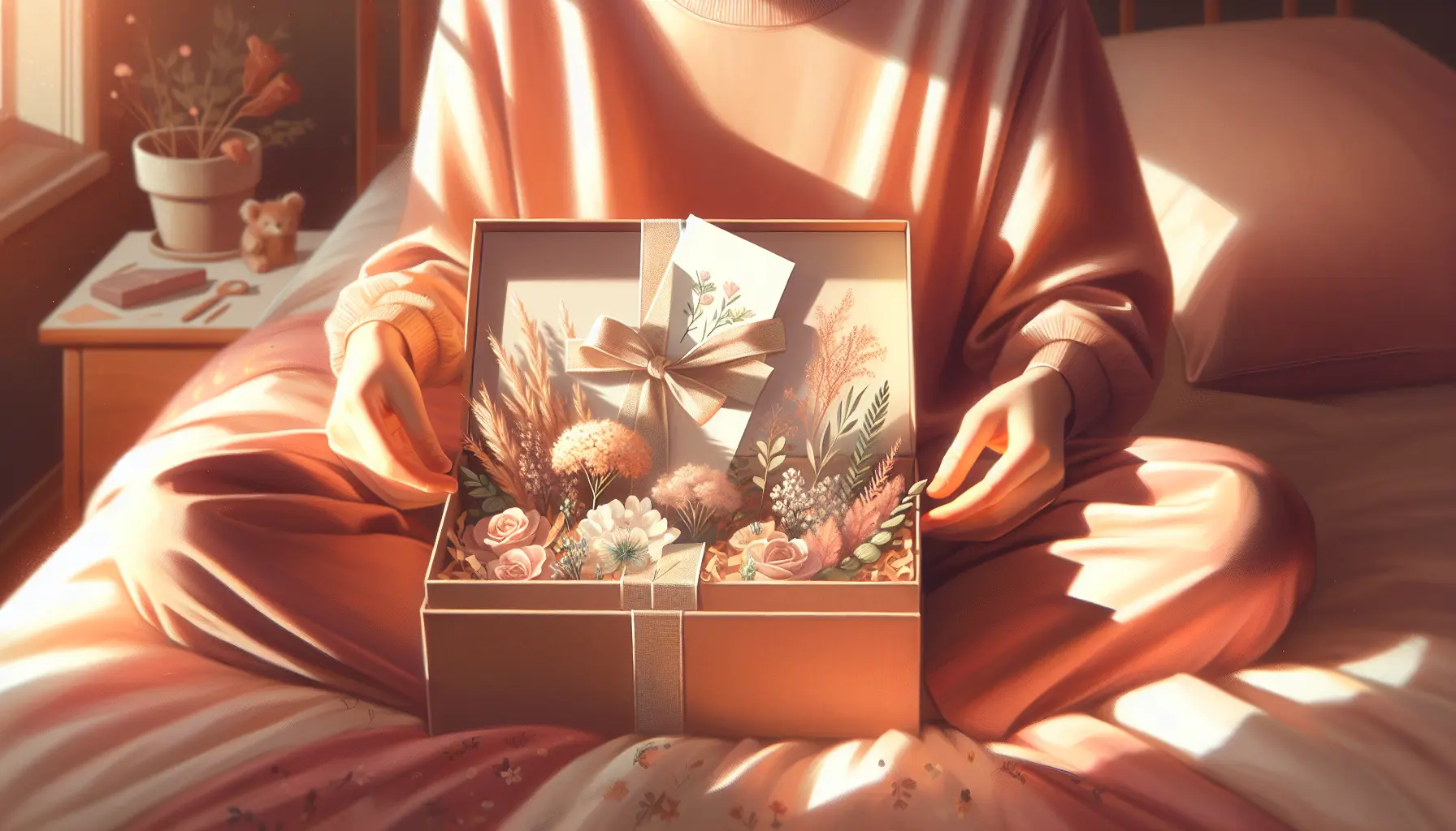 Jeune personne anonyme ouvrant une box beaute ado sur les genoux, moment intime et pastel, idee cadeau anniversaire ado