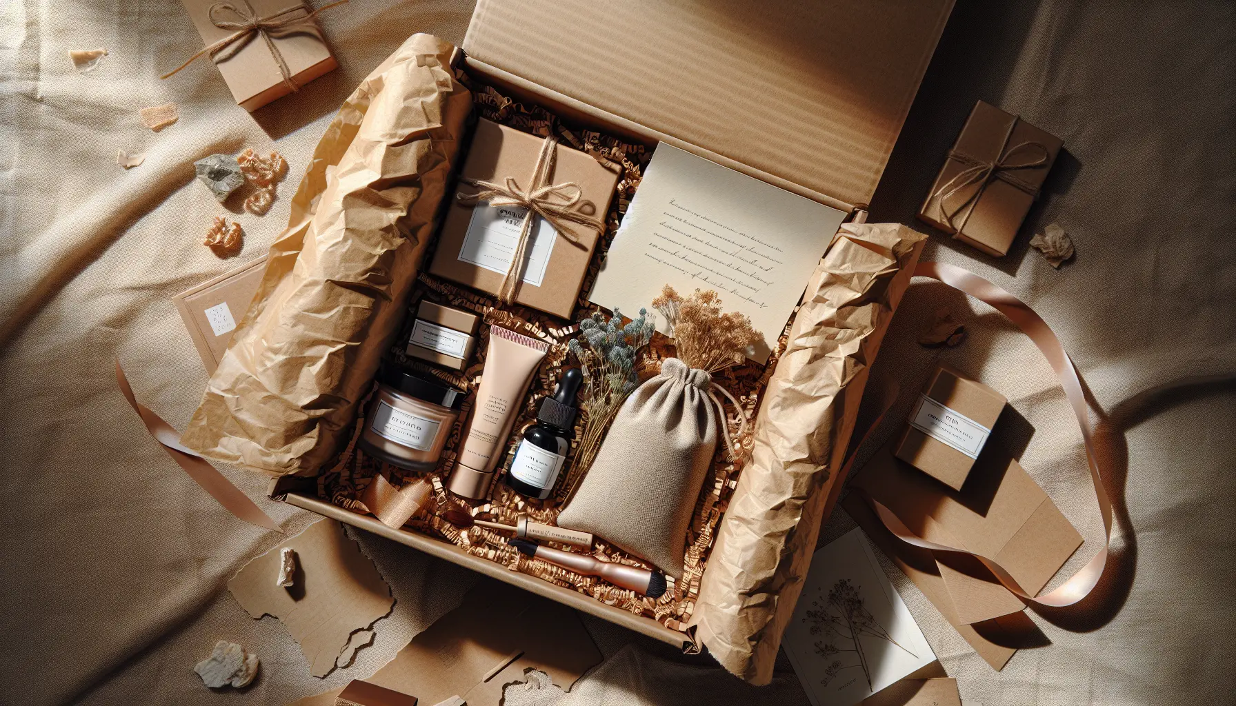 Vue aerienne d unboxing avec produits sur papier de soie et carte vierge, packaging eco pour box ado, idee cadeau anniversaire ado