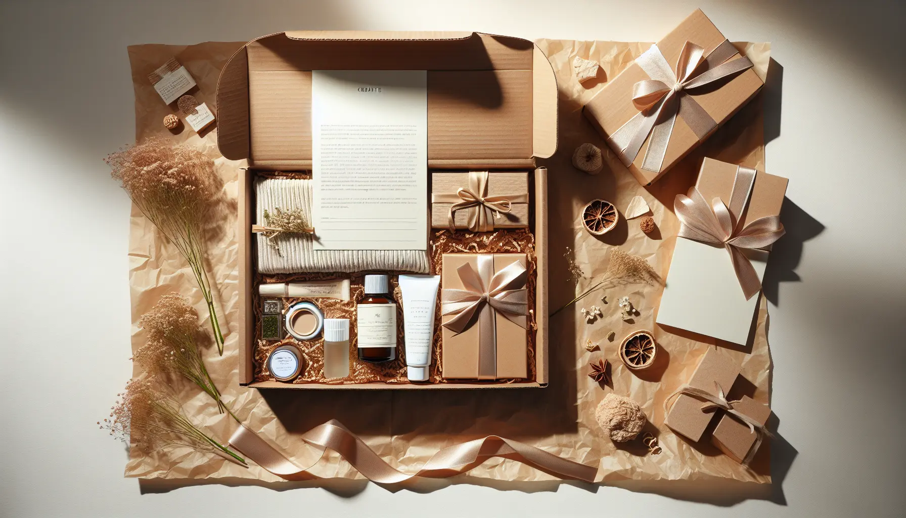 Vue aerienne d unboxing avec produits sur papier de soie et carte vierge, packaging eco pour box ado, idee cadeau anniversaire ado