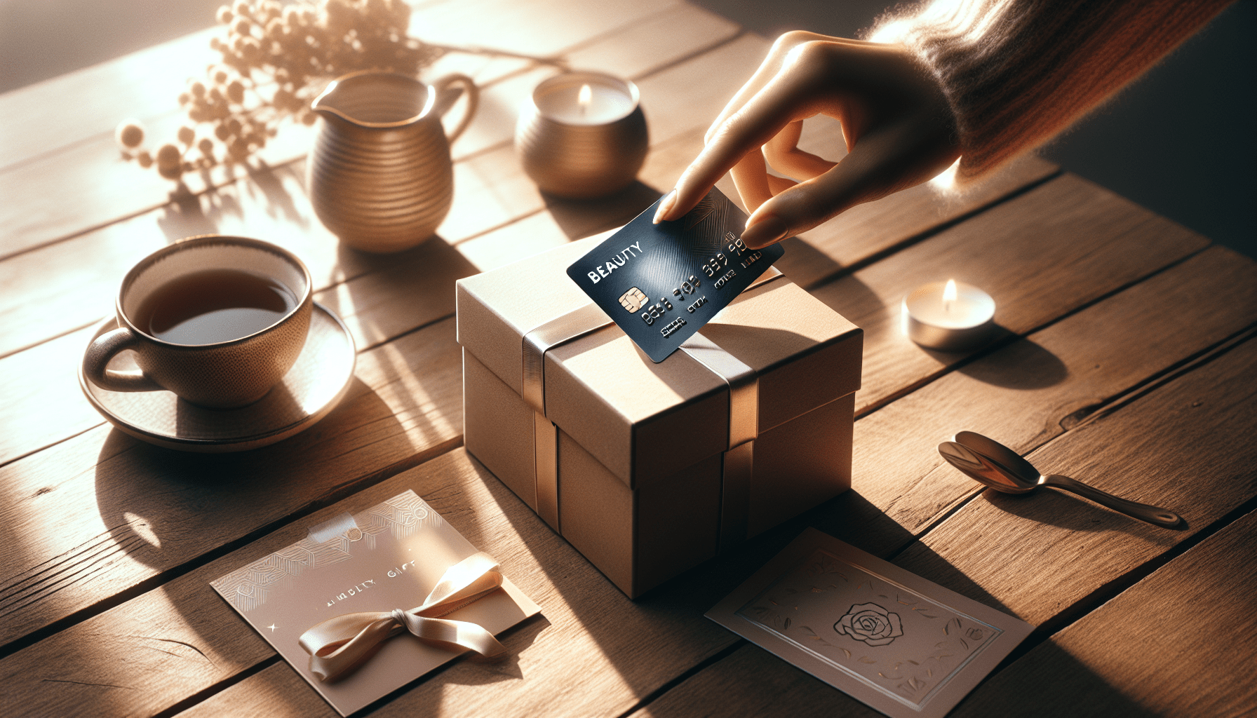 main posant carte attachee sur coffret fond flou tasse bougie