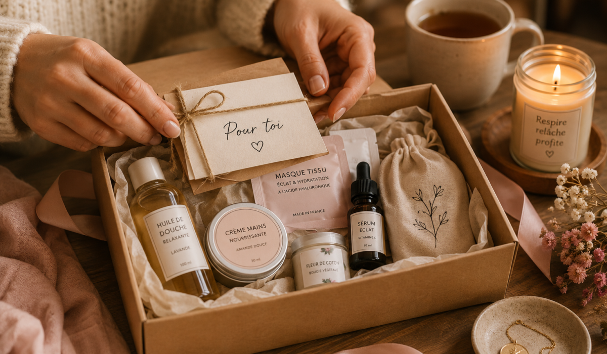 Main posant une carte « Pour toi » sur un kit coffret cadeau beauté femme dans une boîte kraft