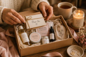 Main posant une carte « Pour toi » sur un kit coffret cadeau beauté femme dans une boîte kraft