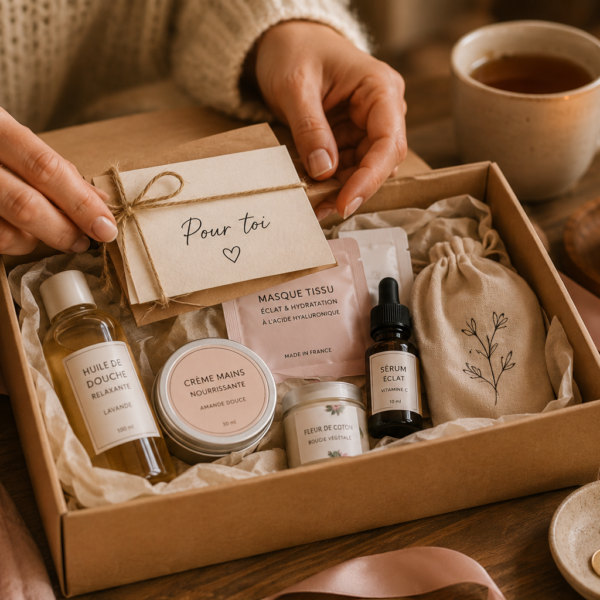 Main posant une carte « Pour toi » sur un kit coffret cadeau beauté femme dans une boîte kraft