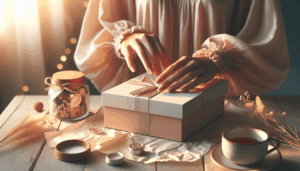 scene immersive kit beaute mains ouvrant coffret sur table en bois