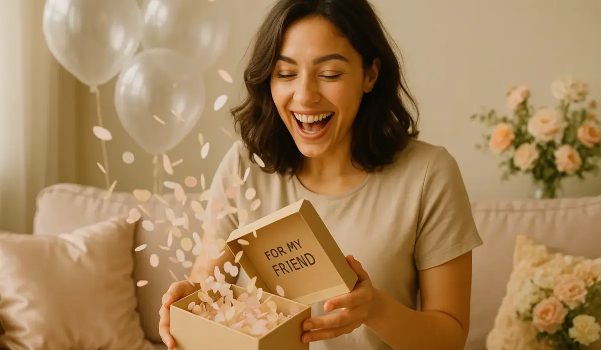 Une femme ouvrant une boite surprise pour son anniversaire