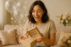 Une femme ouvrant une boite surprise pour son anniversaire