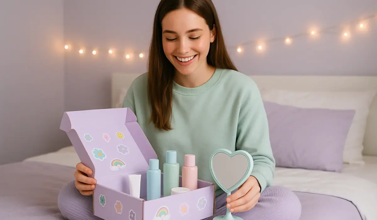Une ado ouvrant sa box beauté