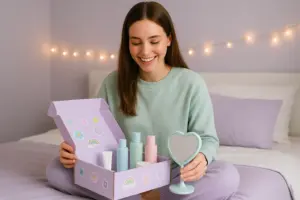 Une ado ouvrant sa box beauté