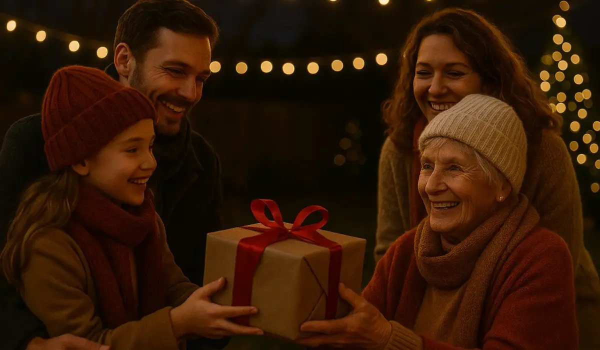 Scène d'une famille offrant un cadeau de noël à mamie