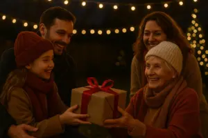 Scène d'une famille offrant un cadeau de noël à mamie