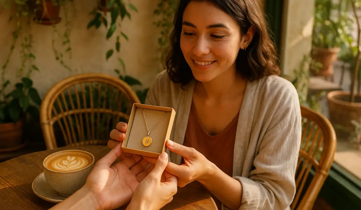 Scène d'une homme offrant un cadeau personnalisé à une femme