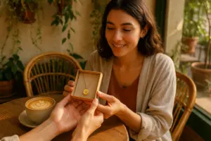 Scène d'une homme offrant un cadeau personnalisé à une femme