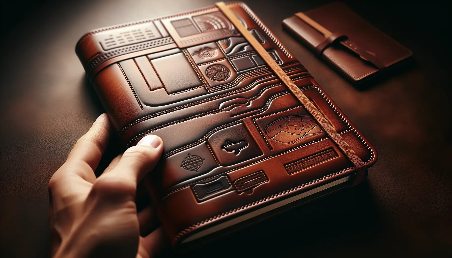 Gros plan d un carnet cuir au grain visible et gravure non lisible, lumiere tamisee et atmosphere elegante evoquant cadeau symbolique homme et idee cadeau homme