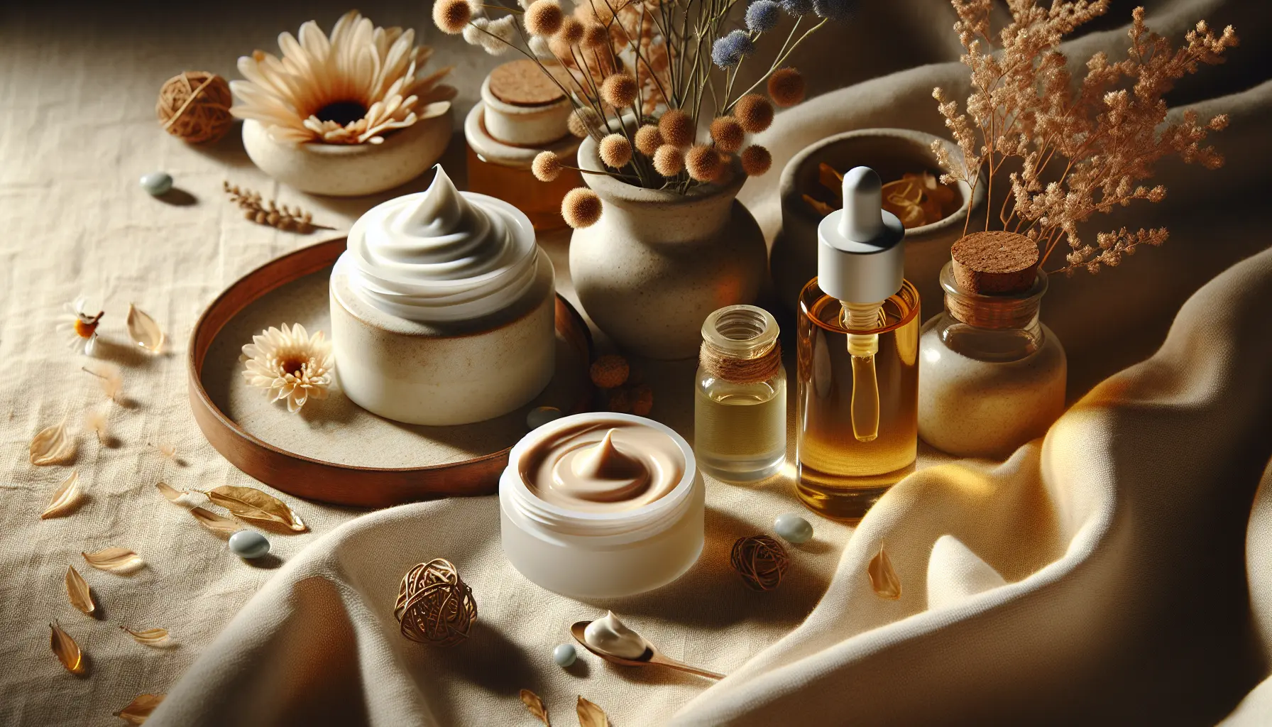 Gros plan sur textures de creme huile et gel posees sur tissu doux, ambiance naturelle, box beaute ado, coffret beaute adolescente