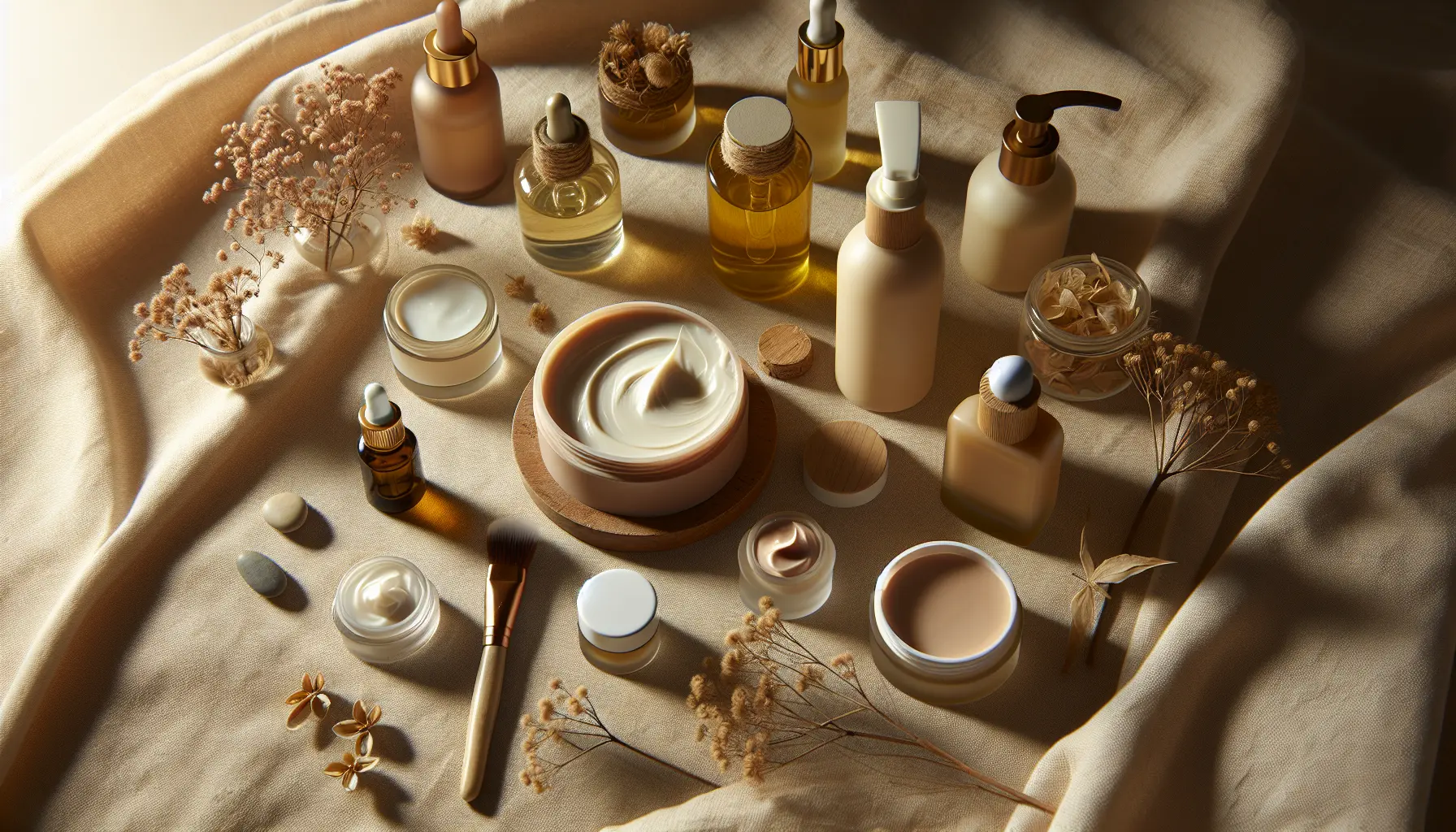 Gros plan sur textures de creme huile et gel posees sur tissu doux, ambiance naturelle, box beaute ado, coffret beaute adolescente