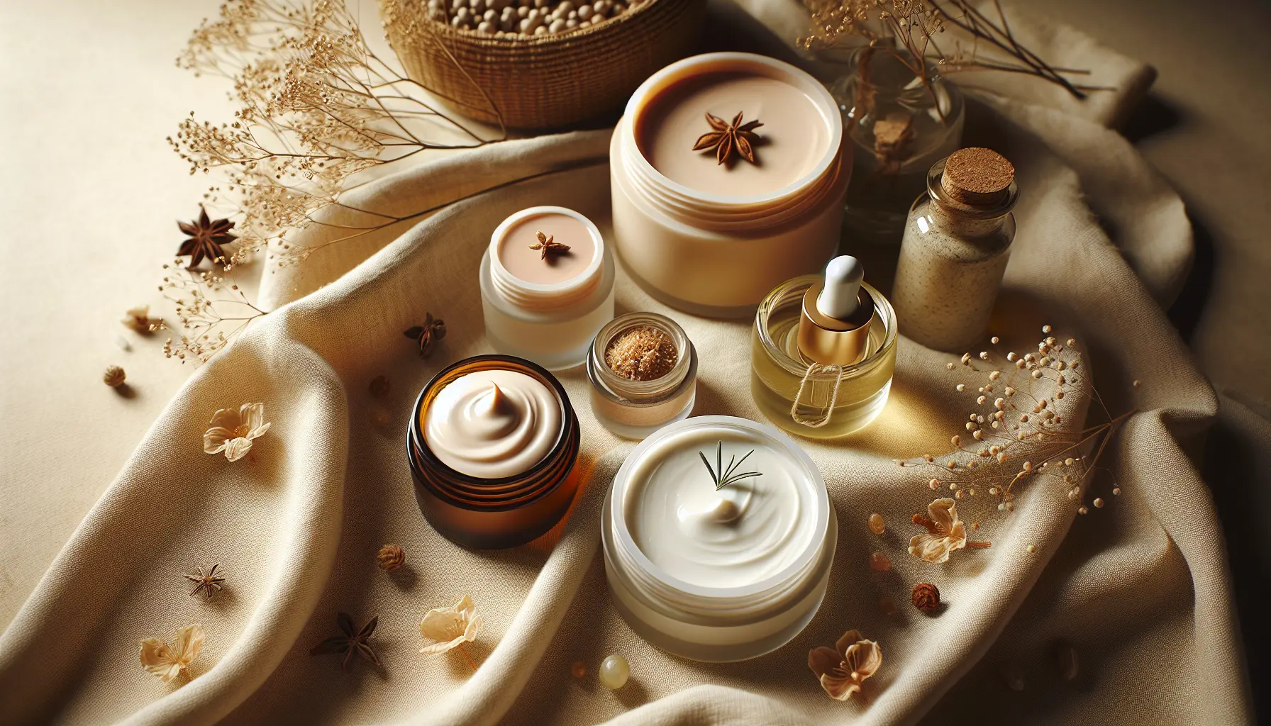 Gros plan sur textures de creme huile et gel posees sur tissu doux, ambiance naturelle, box beaute ado, coffret beaute adolescente