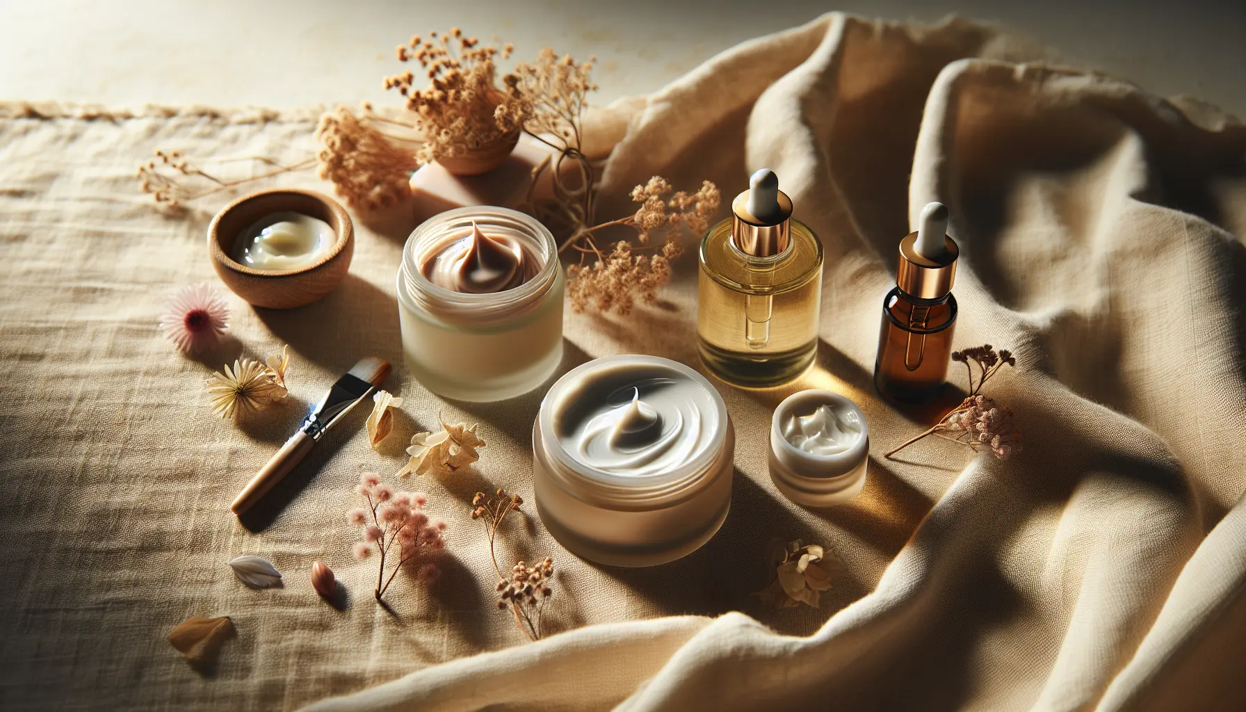 Gros plan sur textures de creme huile et gel posees sur tissu doux, ambiance naturelle, box beaute ado, coffret beaute adolescente