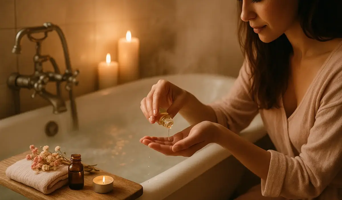 Une femme s’apprêtant à prendre un bain avec son kit détente pour femme