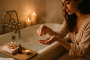 Une femme s’apprêtant à prendre un bain avec son kit détente pour femme