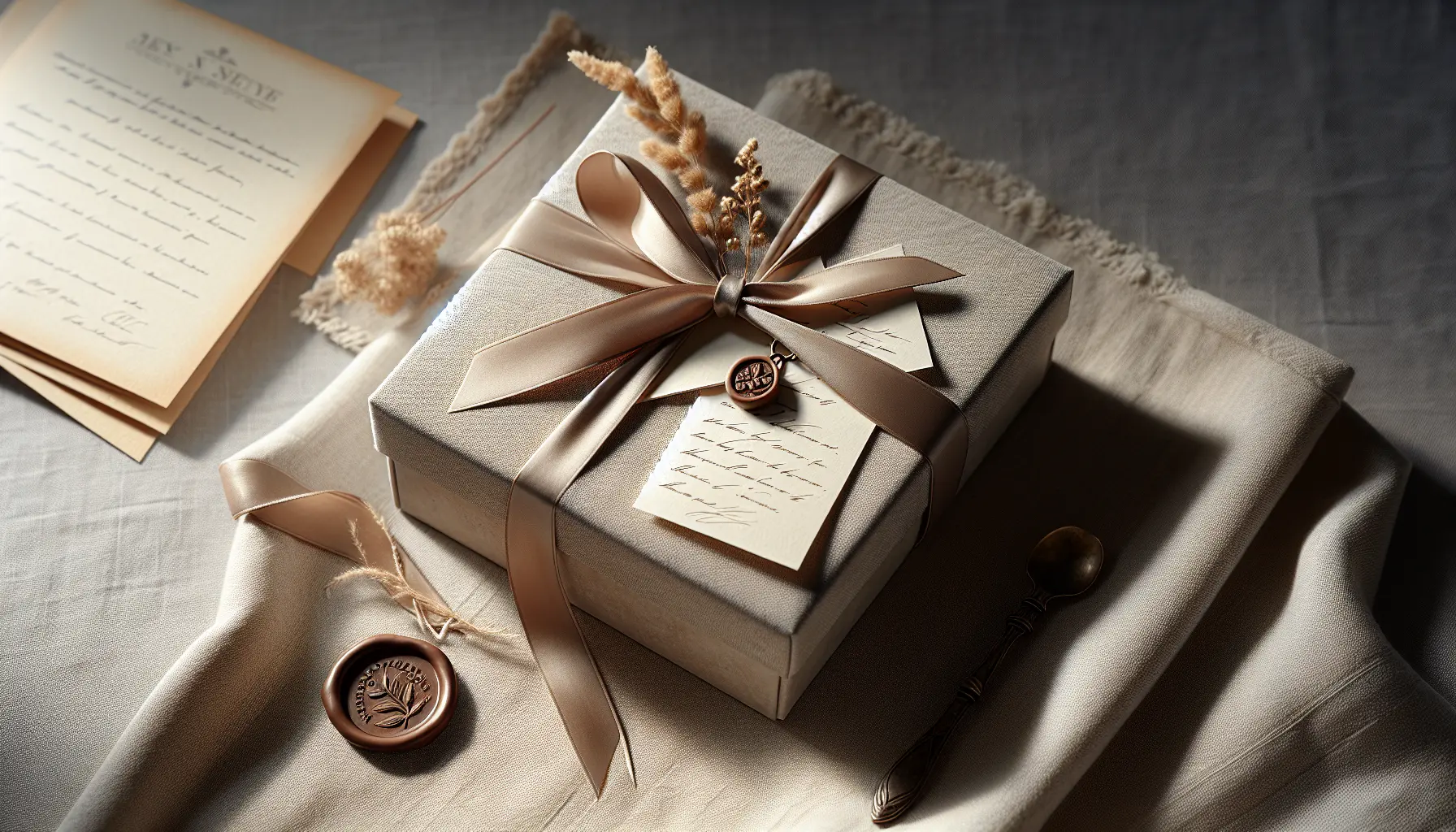 Presentation elegante d un coffret ferme sur nappe en lin avec ruban velours et carte floutee, composition naturelle illustrant coffret cadeau et cadeau qui a du sens