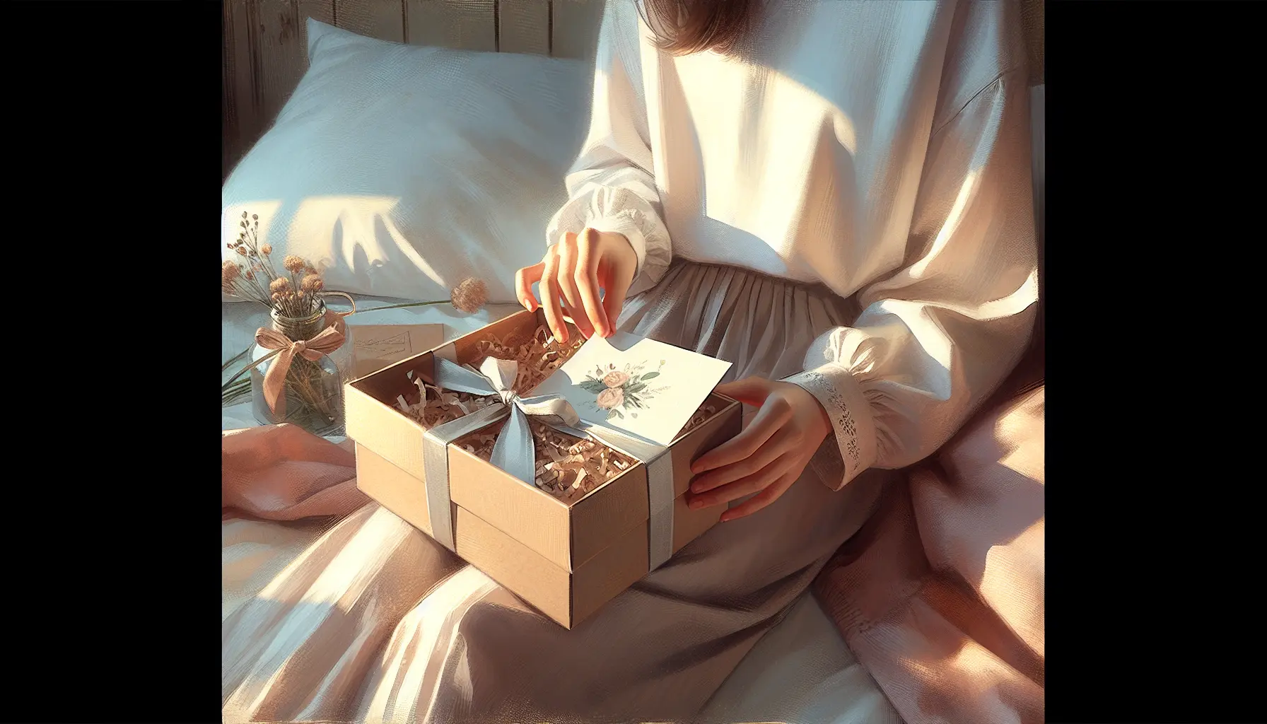 Jeune personne anonyme ouvrant une box beaute ado sur les genoux, moment intime et pastel, idee cadeau anniversaire ado