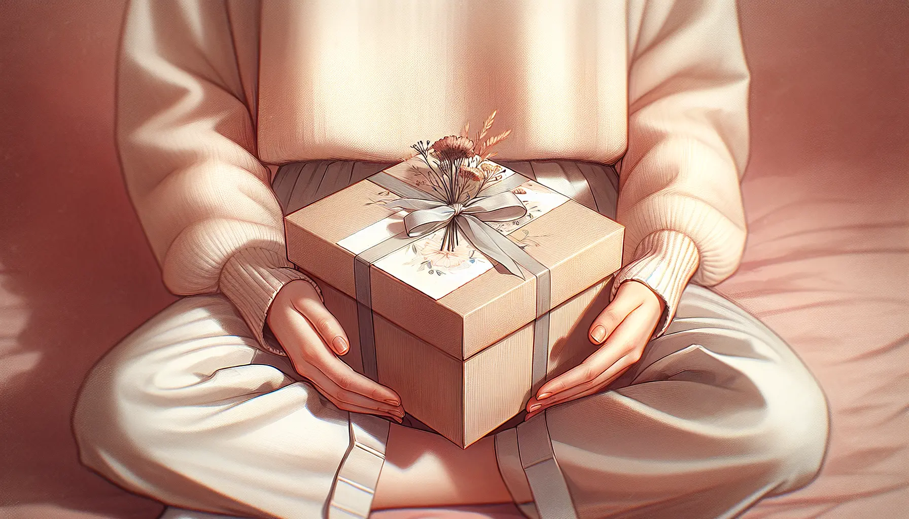 Jeune personne anonyme ouvrant une box beaute ado sur les genoux, moment intime et pastel, idee cadeau anniversaire ado