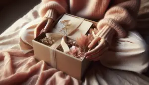 Jeune personne anonyme ouvrant une box beaute ado sur les genoux, moment intime et pastel, idee cadeau anniversaire ado