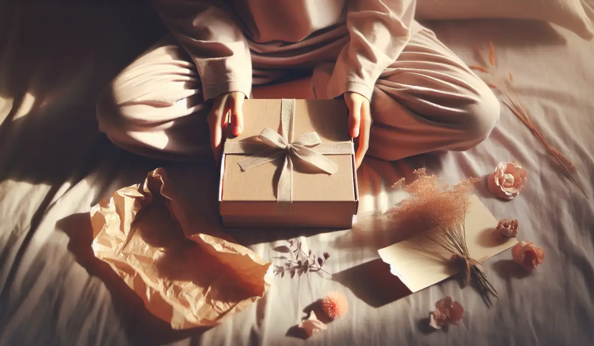 Jeune personne anonyme ouvrant une box beaute ado sur les genoux, moment intime et pastel, idee cadeau anniversaire ado