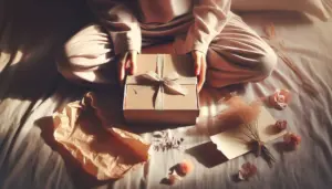 Jeune personne anonyme ouvrant une box beaute ado sur les genoux, moment intime et pastel, idee cadeau anniversaire ado