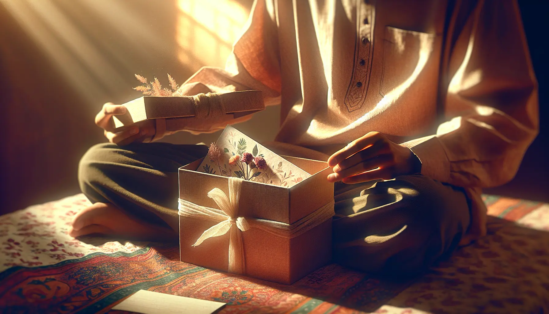 Jeune personne anonyme ouvrant une box beaute ado sur les genoux, moment intime et pastel, idee cadeau anniversaire ado