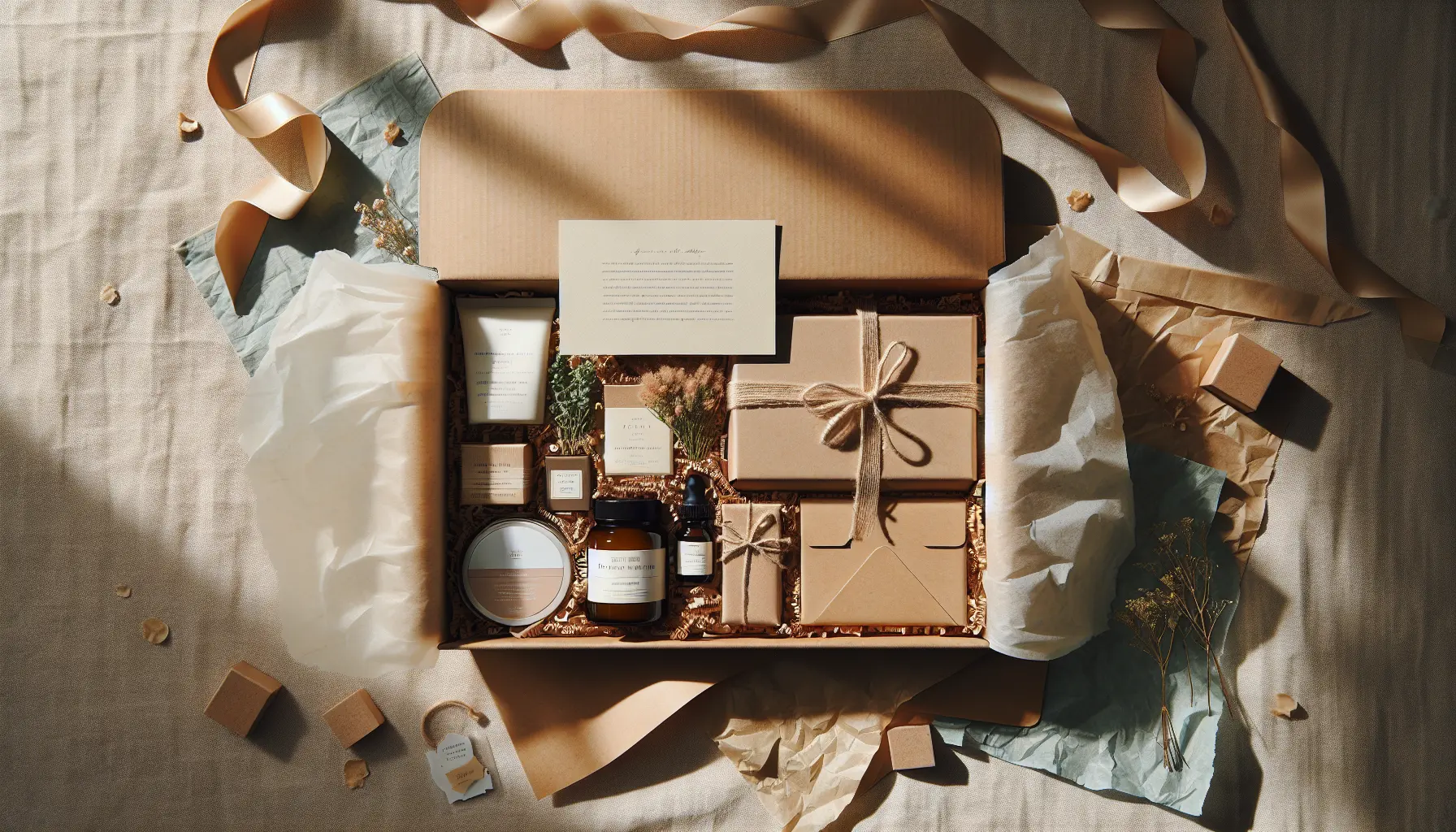 Vue aerienne d unboxing avec produits sur papier de soie et carte vierge, packaging eco pour box ado, idee cadeau anniversaire ado