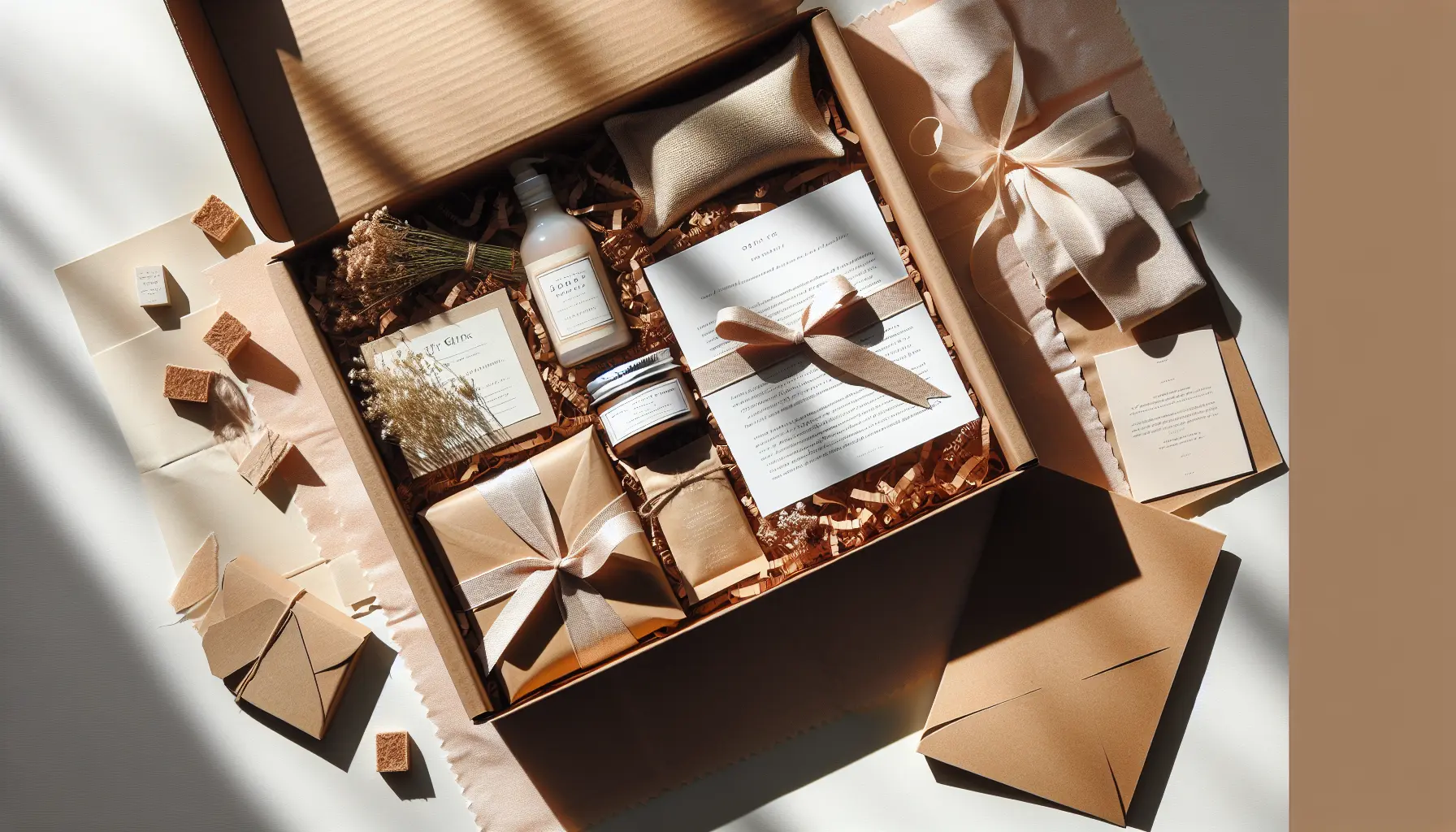 Vue aerienne d unboxing avec produits sur papier de soie et carte vierge, packaging eco pour box ado, idee cadeau anniversaire ado