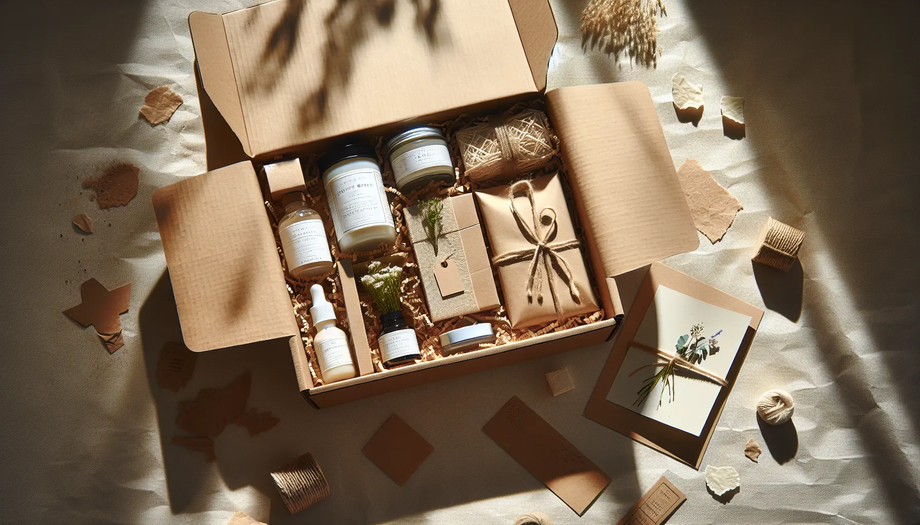 Vue aerienne d unboxing avec produits sur papier de soie et carte vierge, packaging eco pour box ado, idee cadeau anniversaire ado