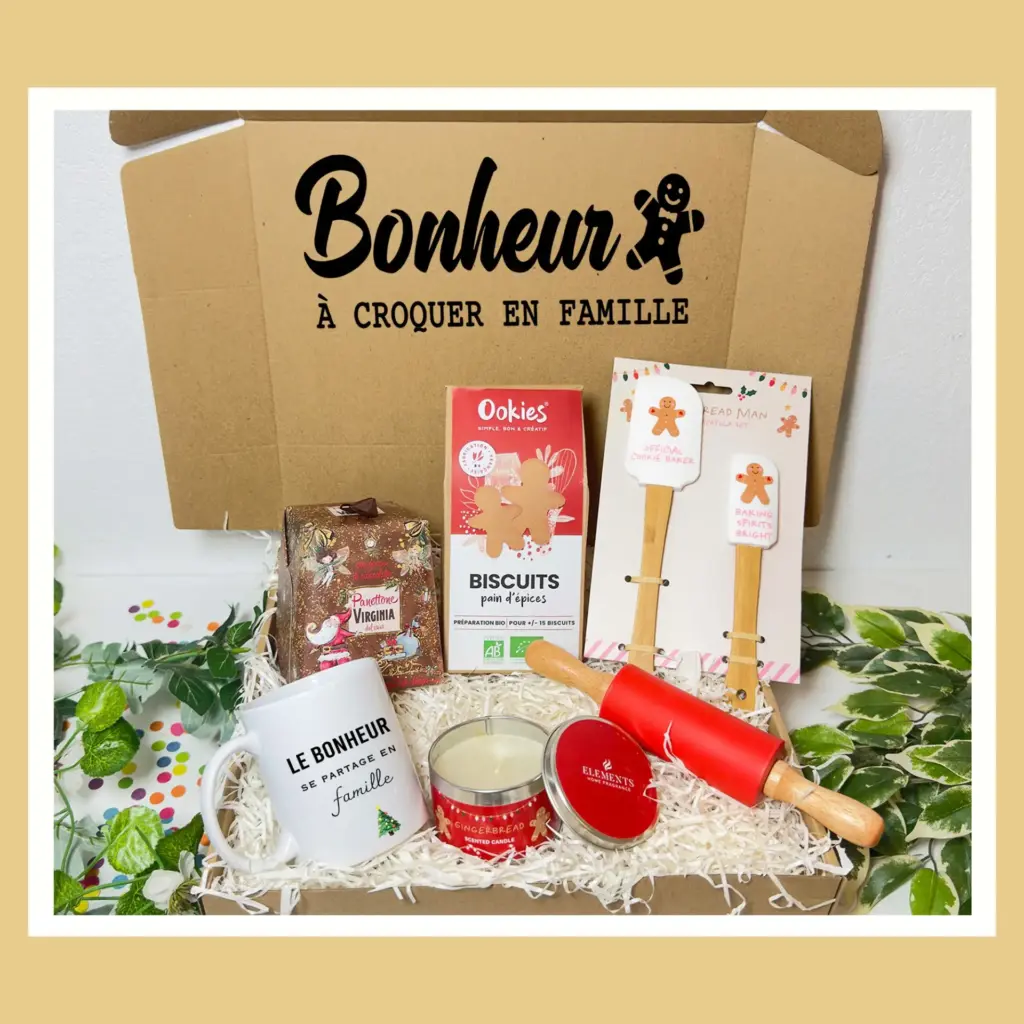 Cadeau de Noël pour la famille : box de Noël avec préparation pour biscuits et gùteaux, spatules, rouleau à pùtisserie et bougie parfumée.