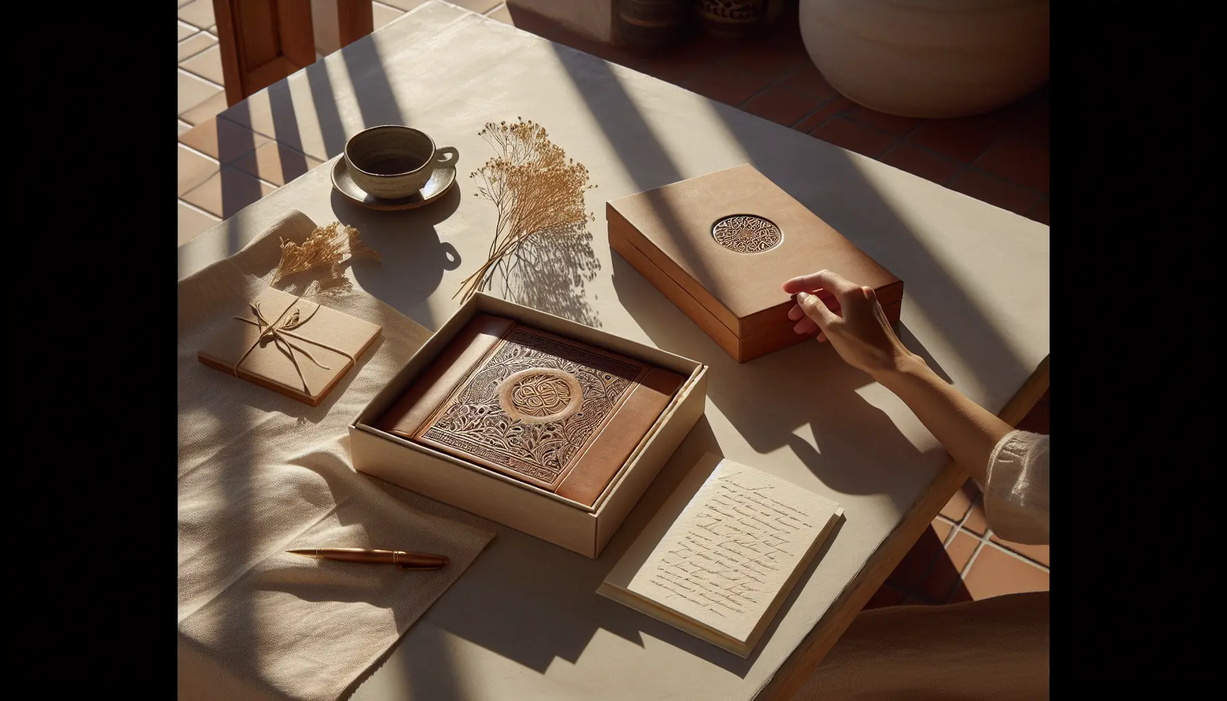 Box ouverte sur table en bois clair avec carnet gravé et carte manuscrite, main discrète, cadeaux_personnalises, cadeau_prenom