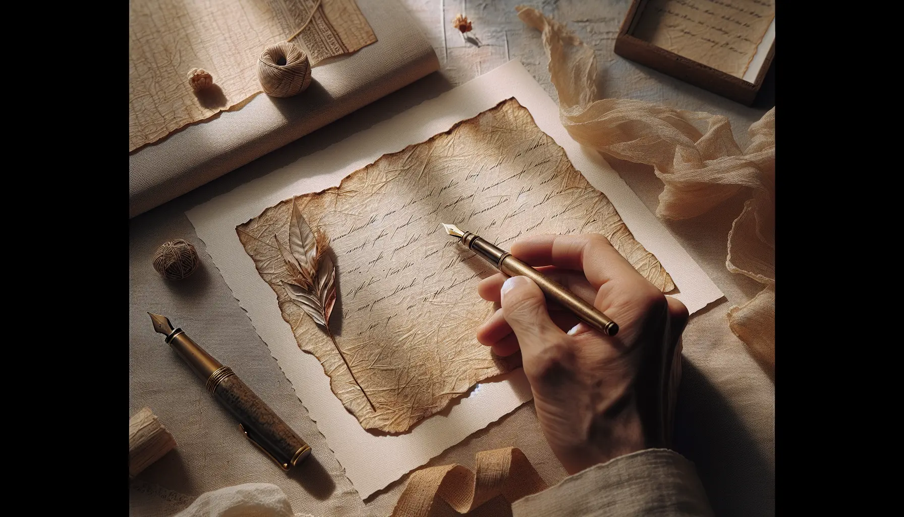 gros plan sur carte manuscrite sur papier texture, plume a cote, coins ruban tissu visibles, lumiere douce de fenetre — carte manuscrite message