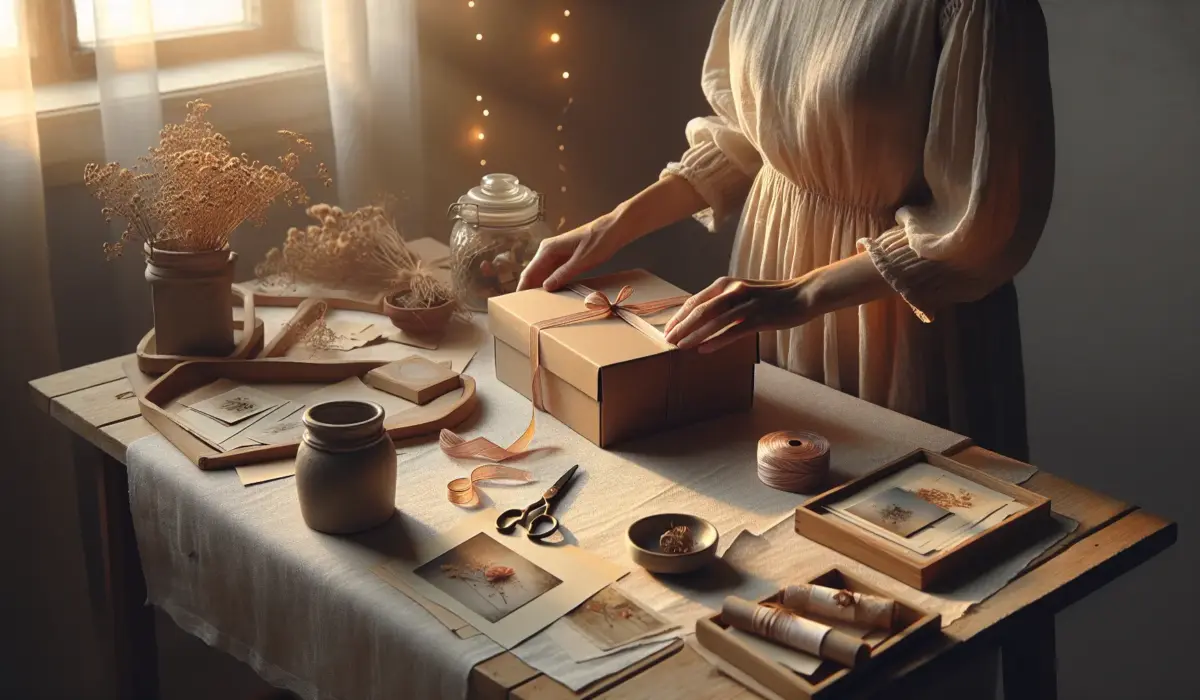 Vue de dos d'une femme préparant une boîte cadeau sur une table en bois, nappe crème, cartes manuscrites et guirlande lumineuse, lumière dorée du soir — idee-surprise, boite-emotionnelle, cadeau-distance