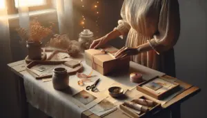 Vue de dos d'une femme préparant une boîte cadeau sur une table en bois, nappe crème, cartes manuscrites et guirlande lumineuse, lumière dorée du soir — idee-surprise, boite-emotionnelle, cadeau-distance