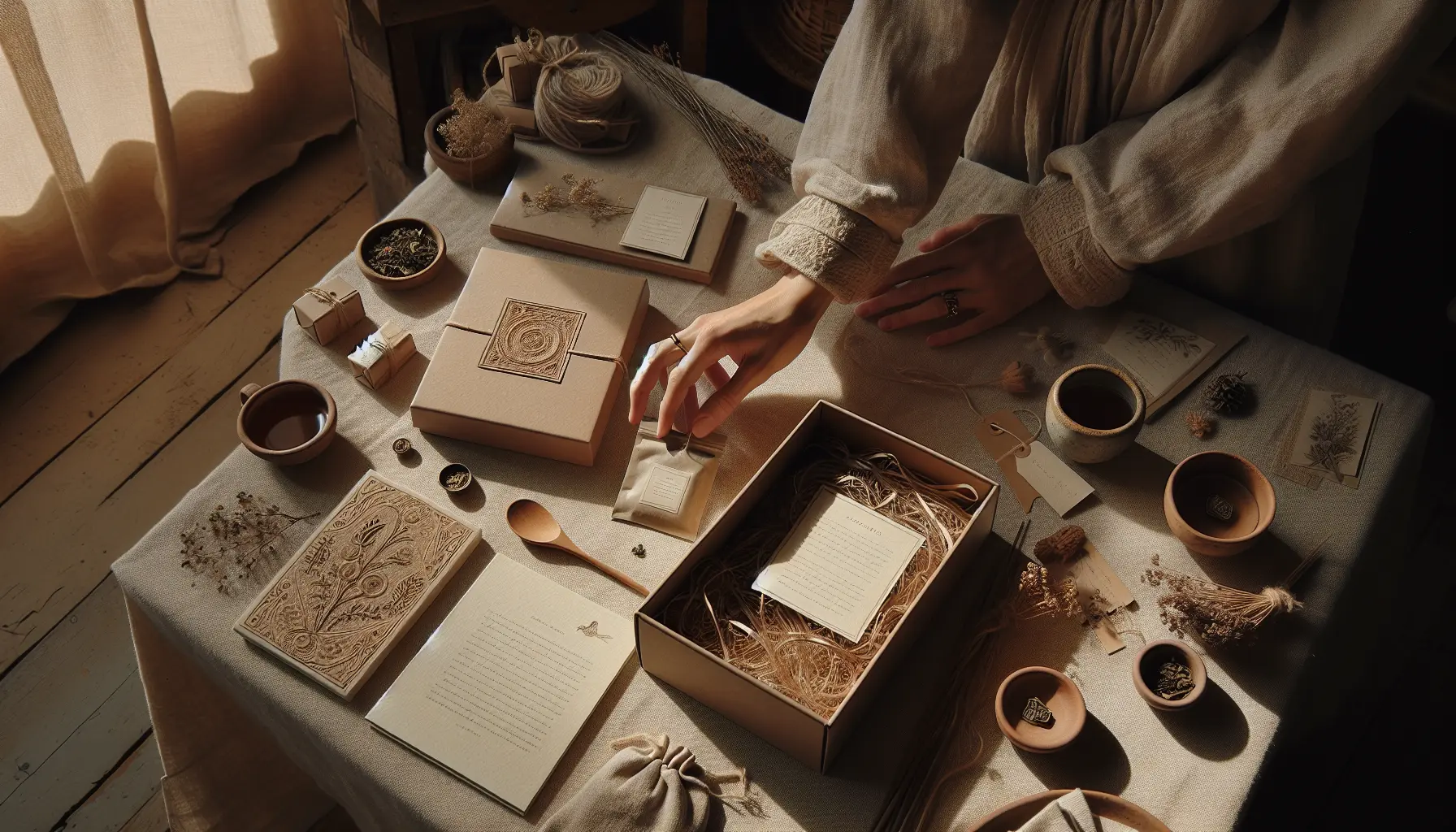 Flat-lay d'une box ouverte montrant carnet gravé, sachet de thé et carte manuscrite, palette crème terracotta, composition_box, cadeau_emotionnel