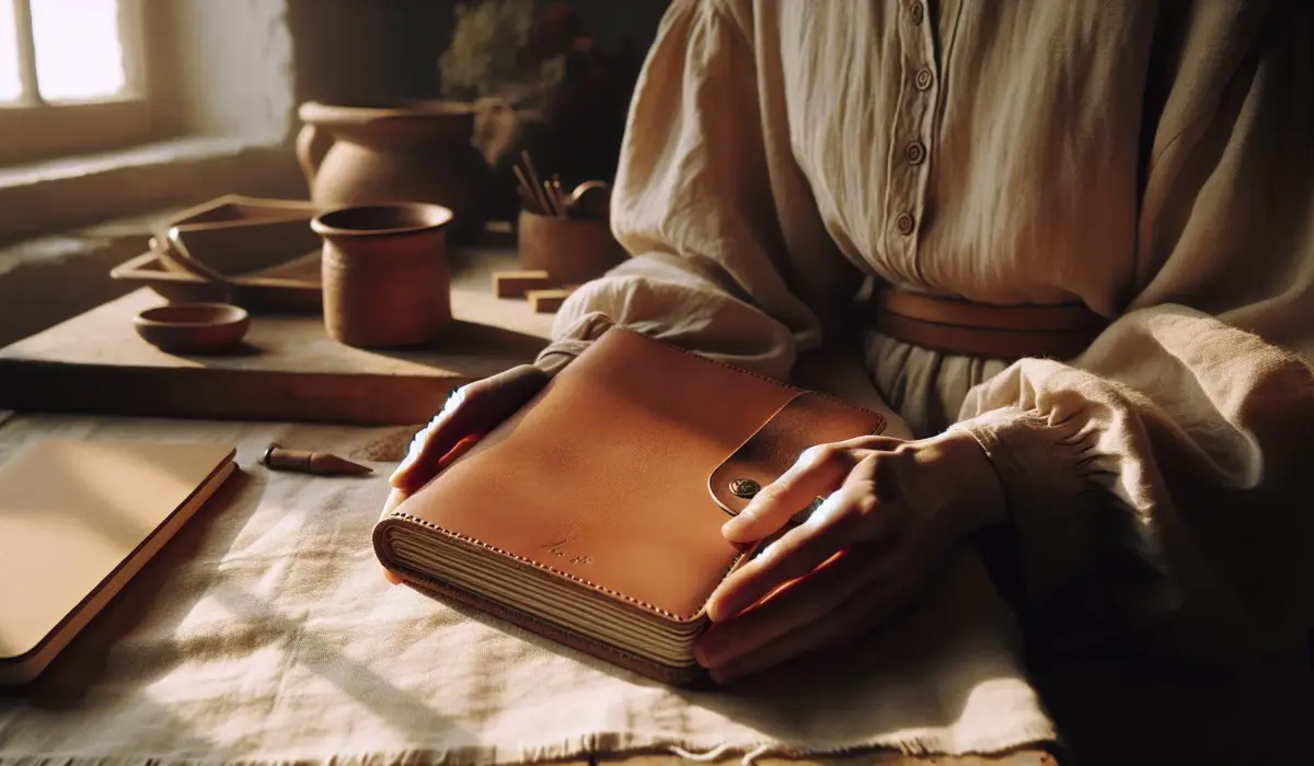 gros plan carnet cuir embosse tenu par main feminine, date gravee visible au coin, texture cuir et lin. gravure, carnet