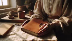 gros plan carnet cuir embosse tenu par main feminine, date gravee visible au coin, texture cuir et lin. gravure, carnet