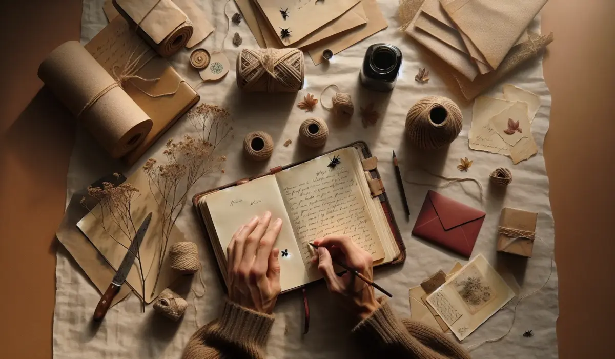 Gros plan d'un carnet de voyage ouvert avec lettre glissée et petite enveloppe rouge sur papier kraft, mains anonymes visibles — carnet voyage, lettre manuscrite, papier kraft