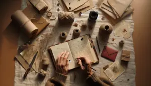 Gros plan d'un carnet de voyage ouvert avec lettre glissée et petite enveloppe rouge sur papier kraft, mains anonymes visibles — carnet voyage, lettre manuscrite, papier kraft