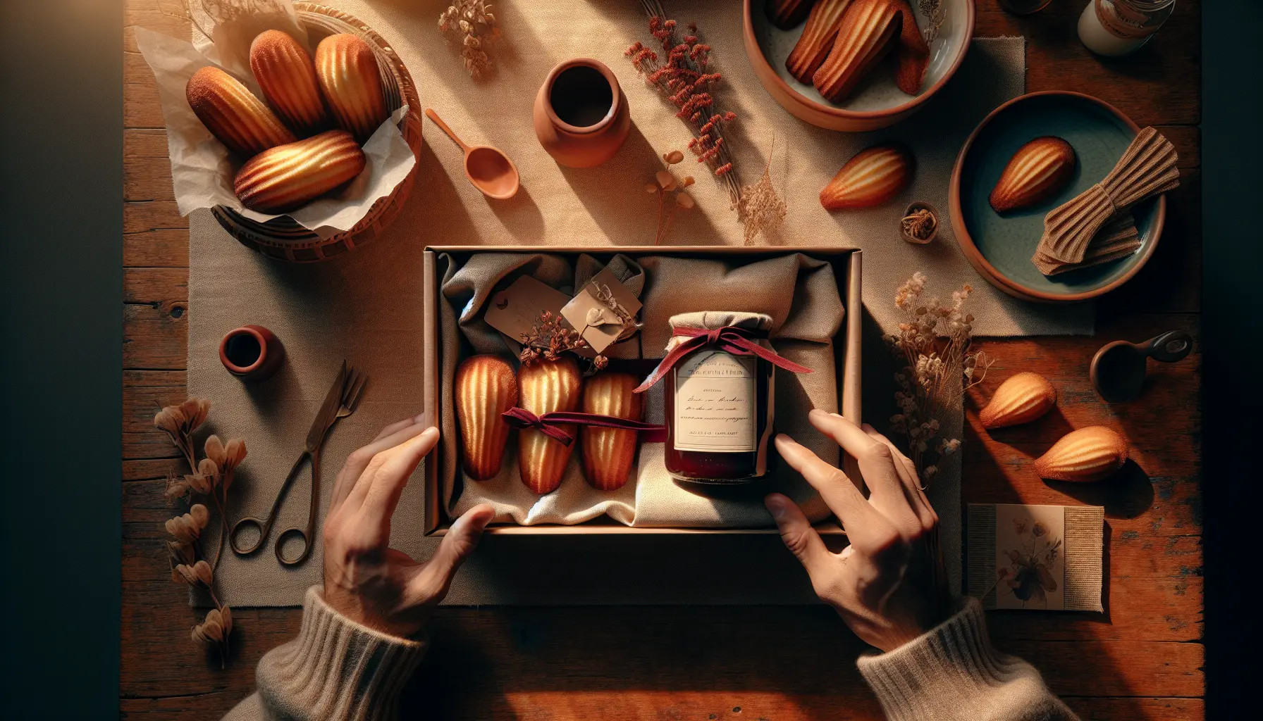 gros plan coffret sur table bois, pot confiture artisanal, madeleines, papier kraft, lumiere chaude — coffret, confiture