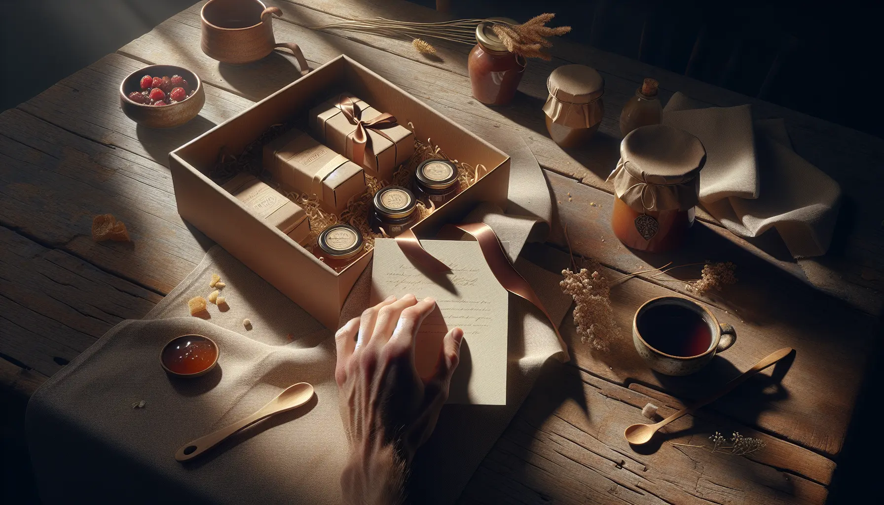 Gros plan d'un coffret gourmand ouvert sur table en bois, mini pots et carte manuscrite visibles, lumiere du matin et textures naturelles. idee cadeau noel parents, coffret gourmand, carte manuscrite