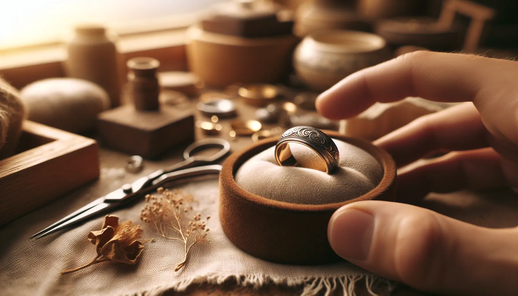 Gros plan sur la gravure intérieure d'un bijou mat, finition délicate sur fond crème flou, gravure_delicate, bijou_personnalise