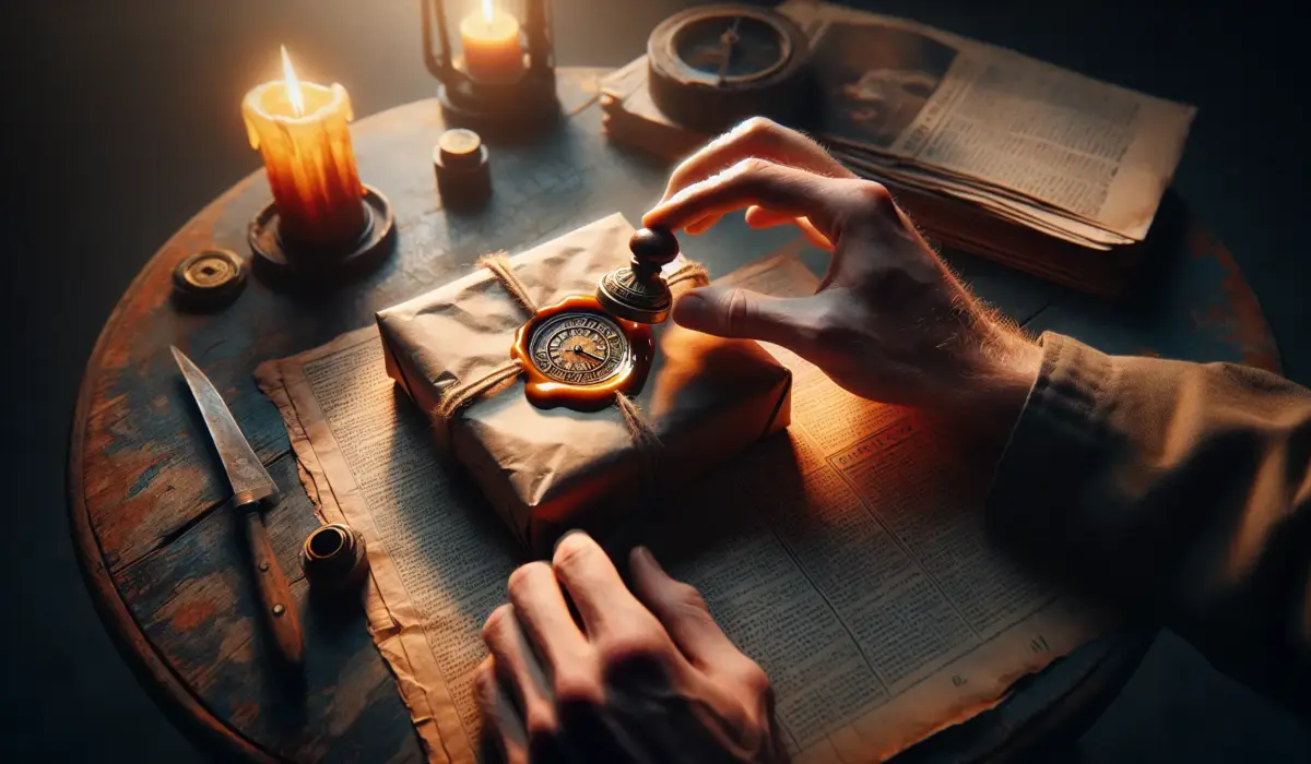 Gros plan d’un emballage kraft sur journal ancien, tampon horloge et cachet de cire aux reflets chauds. papier kraft, cire cachet, tampons encreur