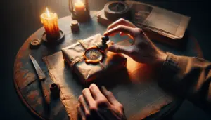 Gros plan d’un emballage kraft sur journal ancien, tampon horloge et cachet de cire aux reflets chauds. papier kraft, cire cachet, tampons encreur