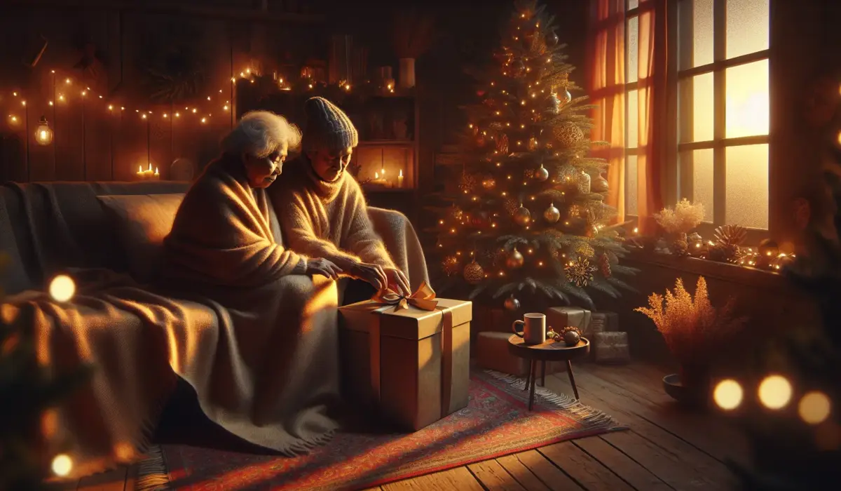 Scene intime de Noel : deux adultes anonymes partagent un coffret sur leurs genoux, lumiere chaude, textures bois et laine. idee cadeau noel parents, coffret cadeau, moment chaleureux